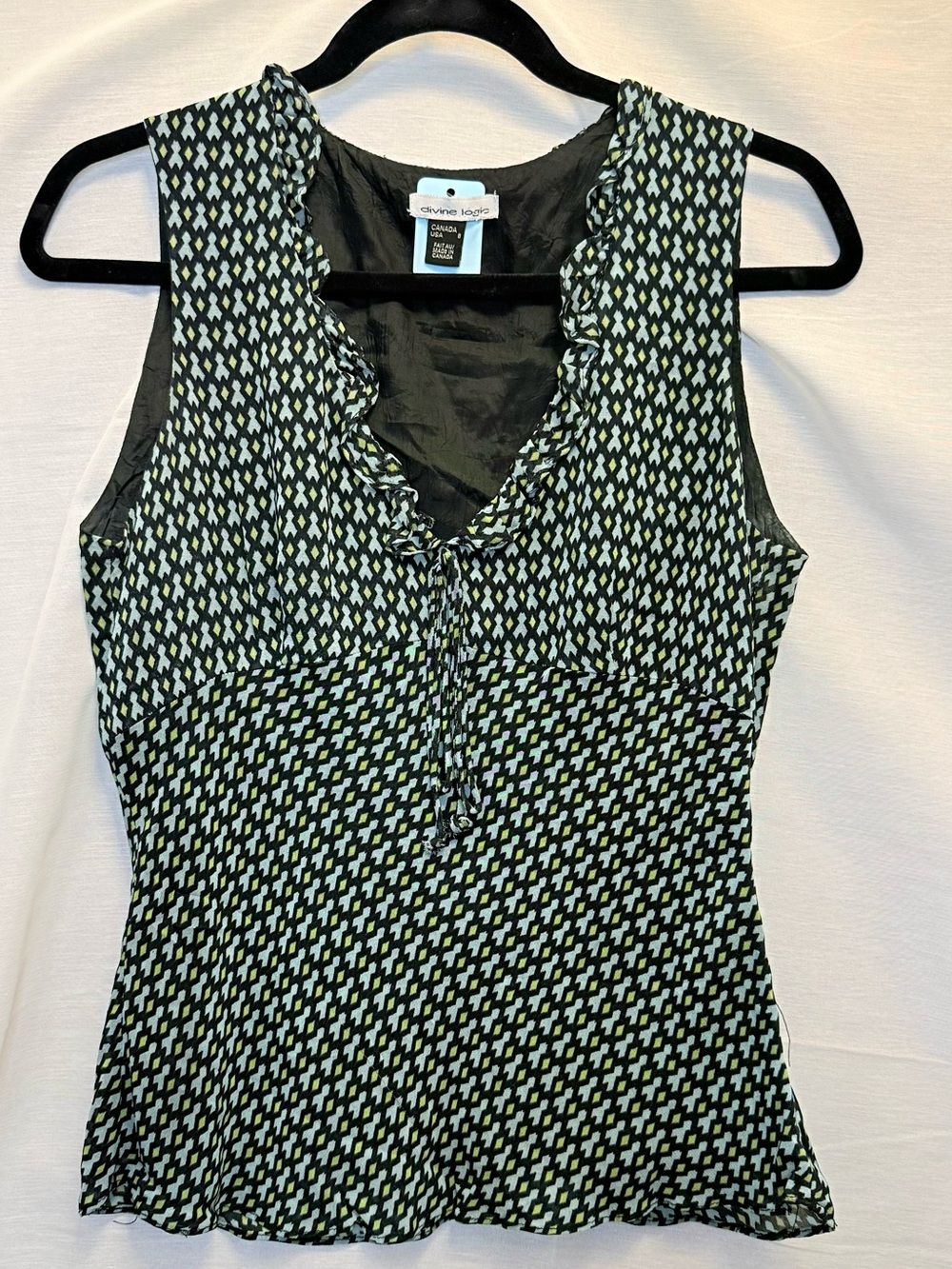 Sleeveless Ruffle V-Neck Top in Black and Mint
